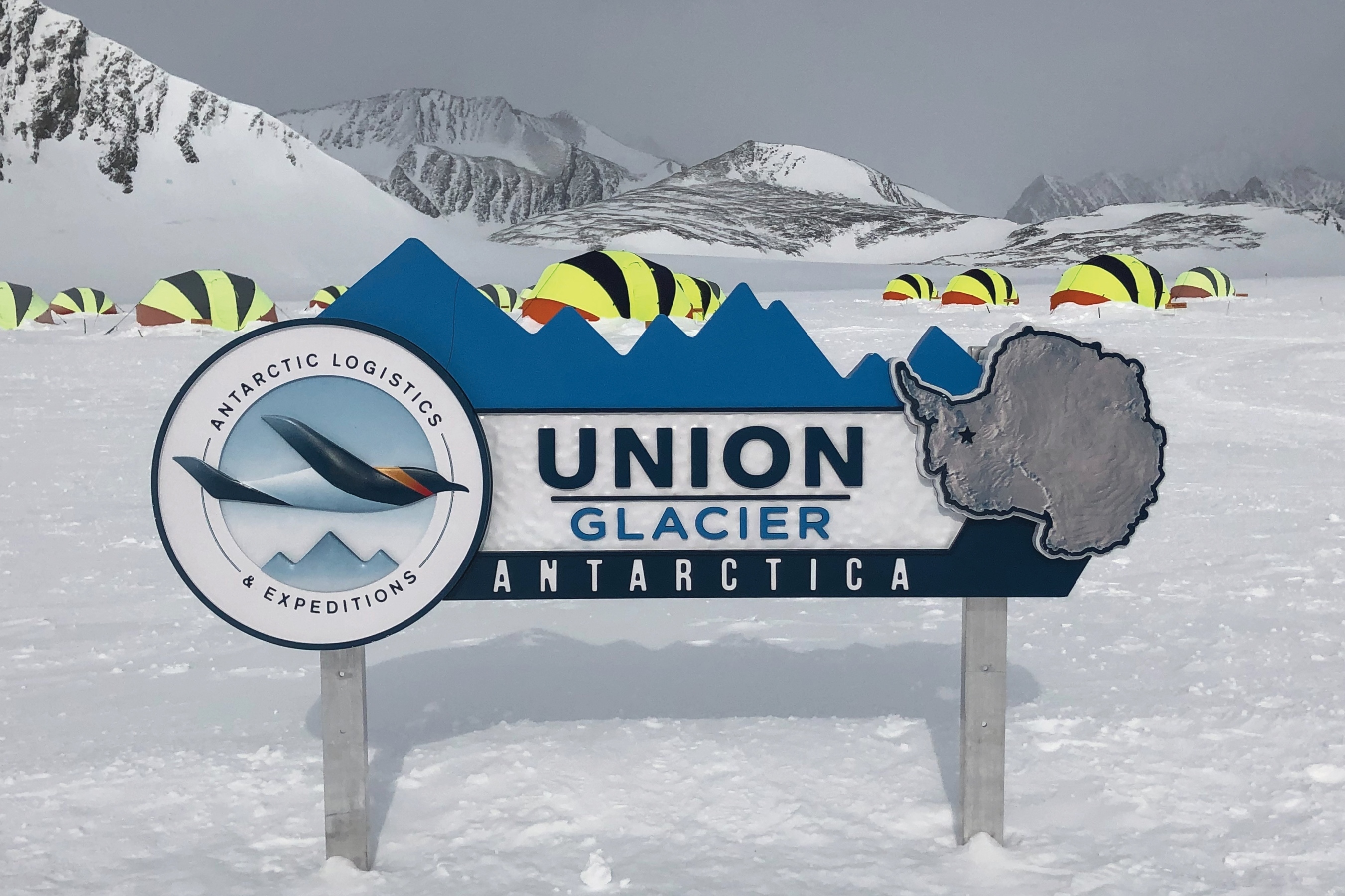 Union Glacier sign and comfortable tents behind
