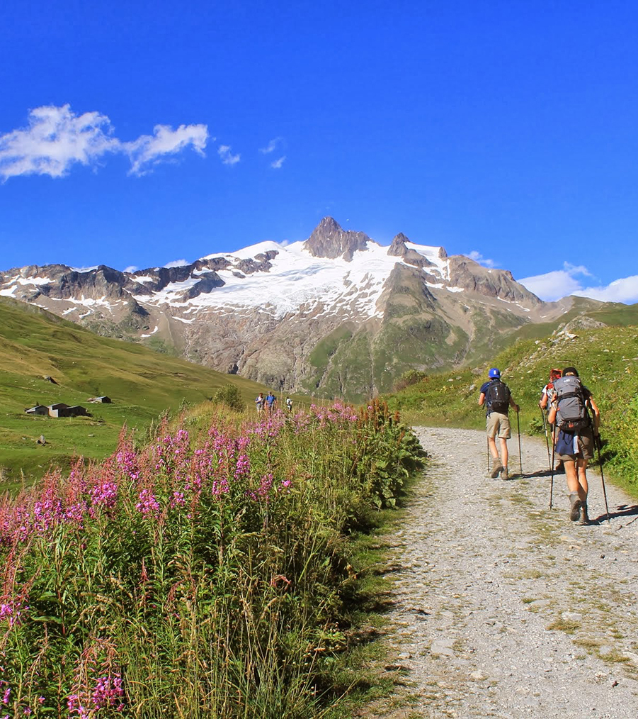 Following time-worn trails on the Tour du Mont Blanc, hikers pass through pastures, high alpine huts and enjoy mountain views to snow capped peaks and blue skies.