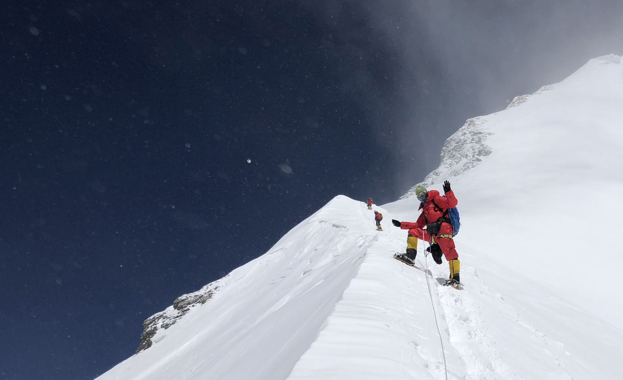Climber high on the South-East ridge of Mt Everest summit day