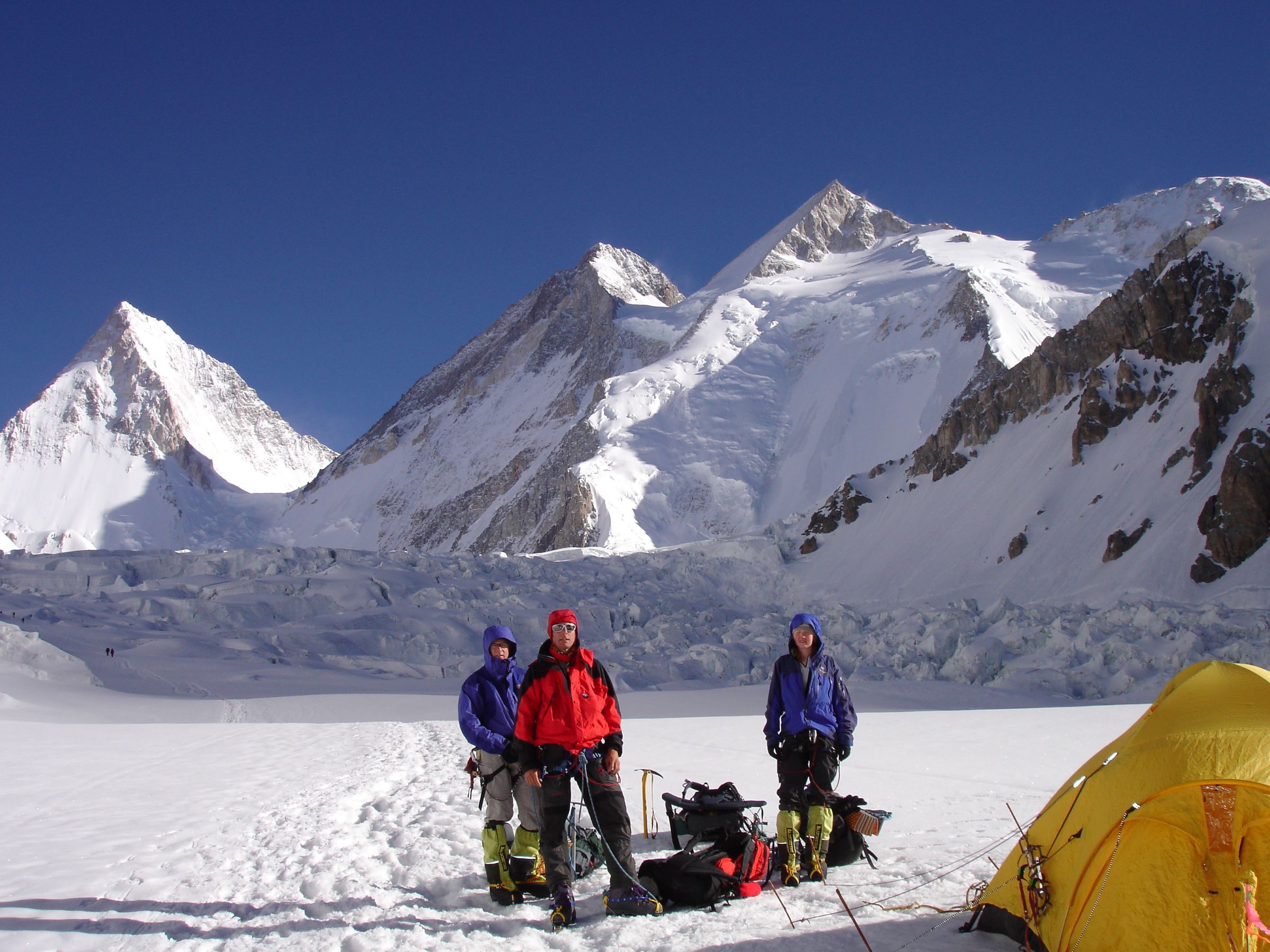 Climbers at camp 1 with Gasherbrum 2 behind