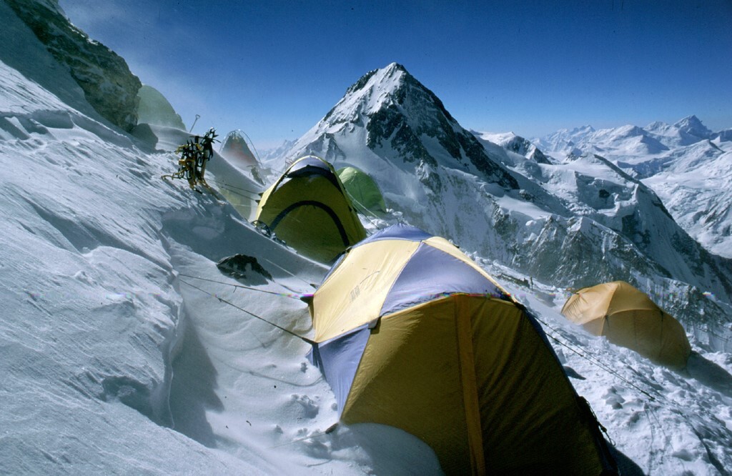 Tents at camp 4 on Gasherbrum 2 with Gasherbrum 1 behind