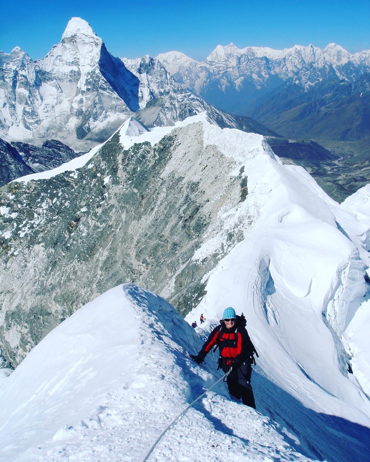 Climbing the exciting summit ridge of Island Peak