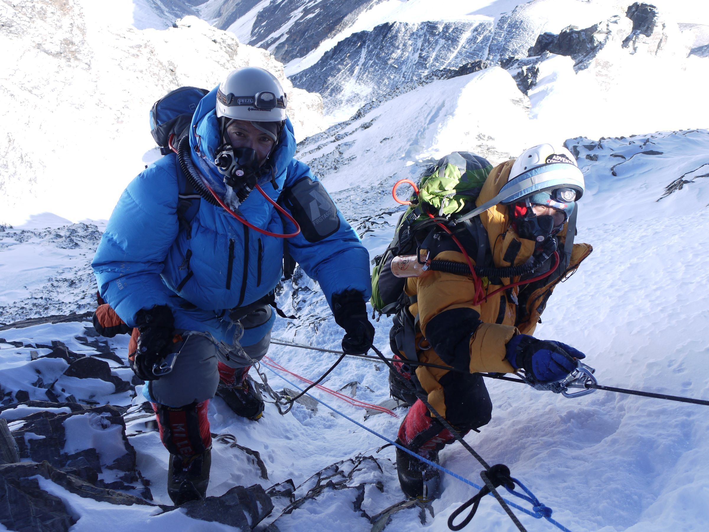 2 climbers on fixed rope not far from the summit of Lhotse