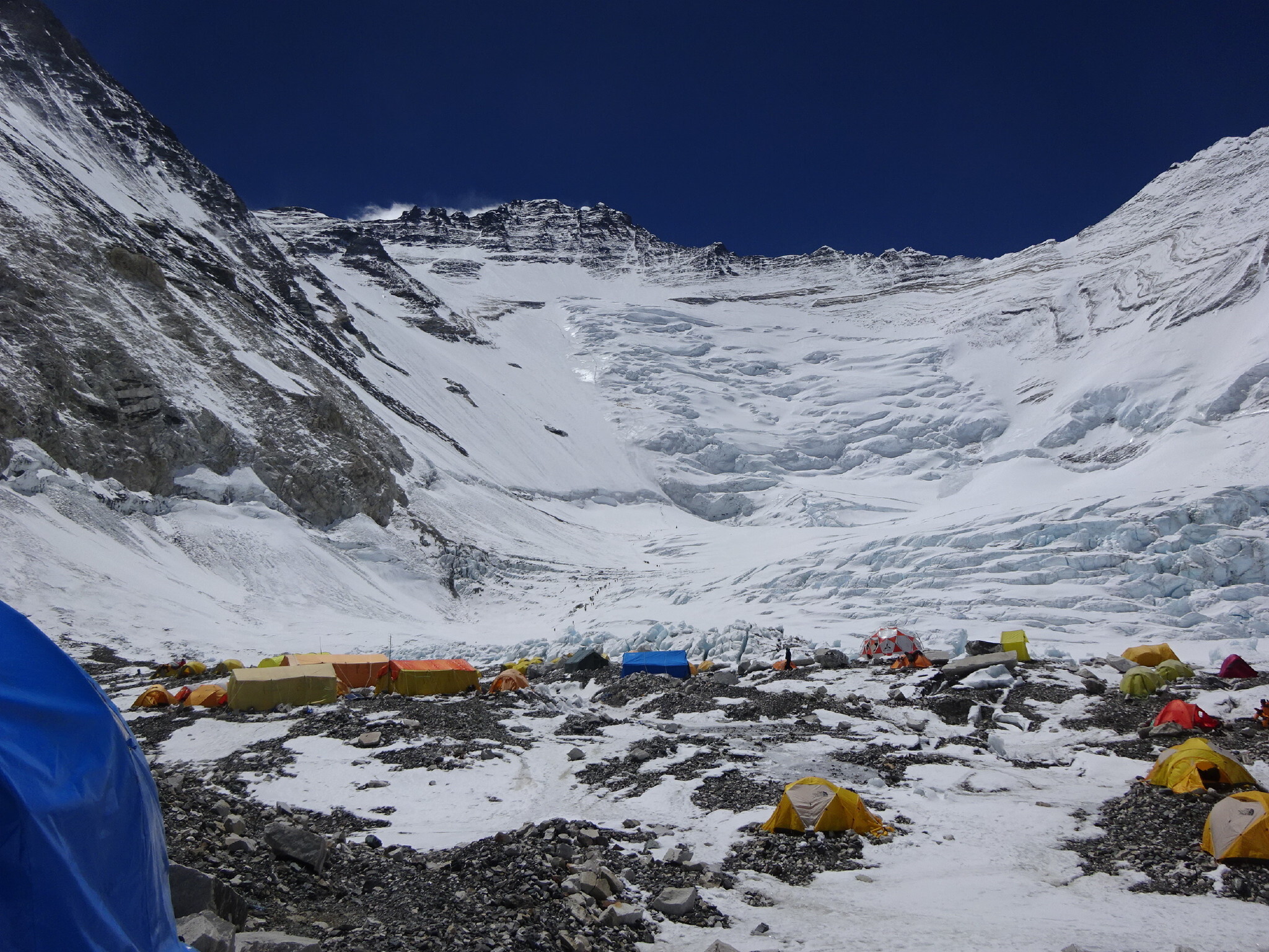Camp 2 on Lhotse with summit of Lhotse 200om above