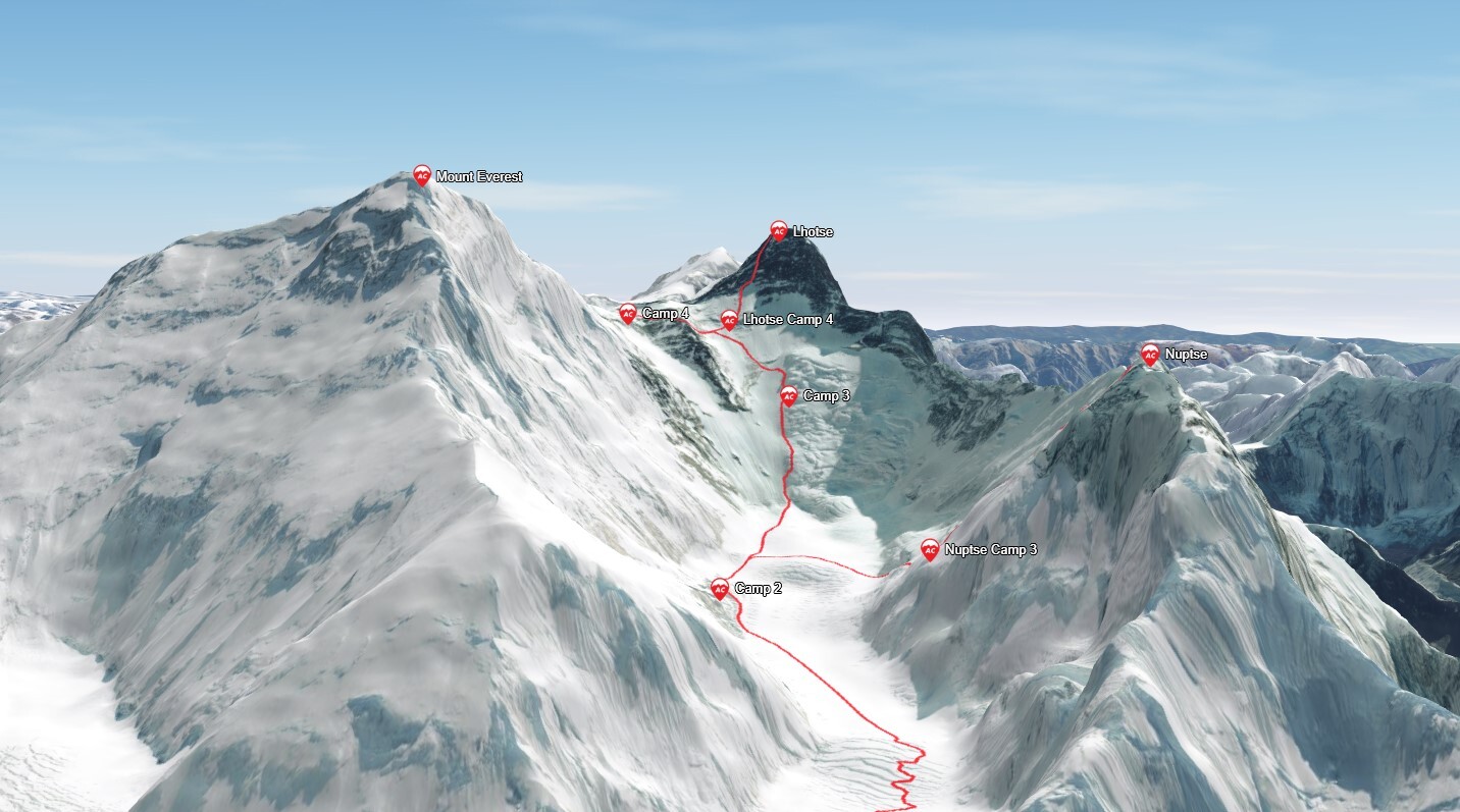 Map of the Triple Crown, Everest, Lhotse and Nuptse.