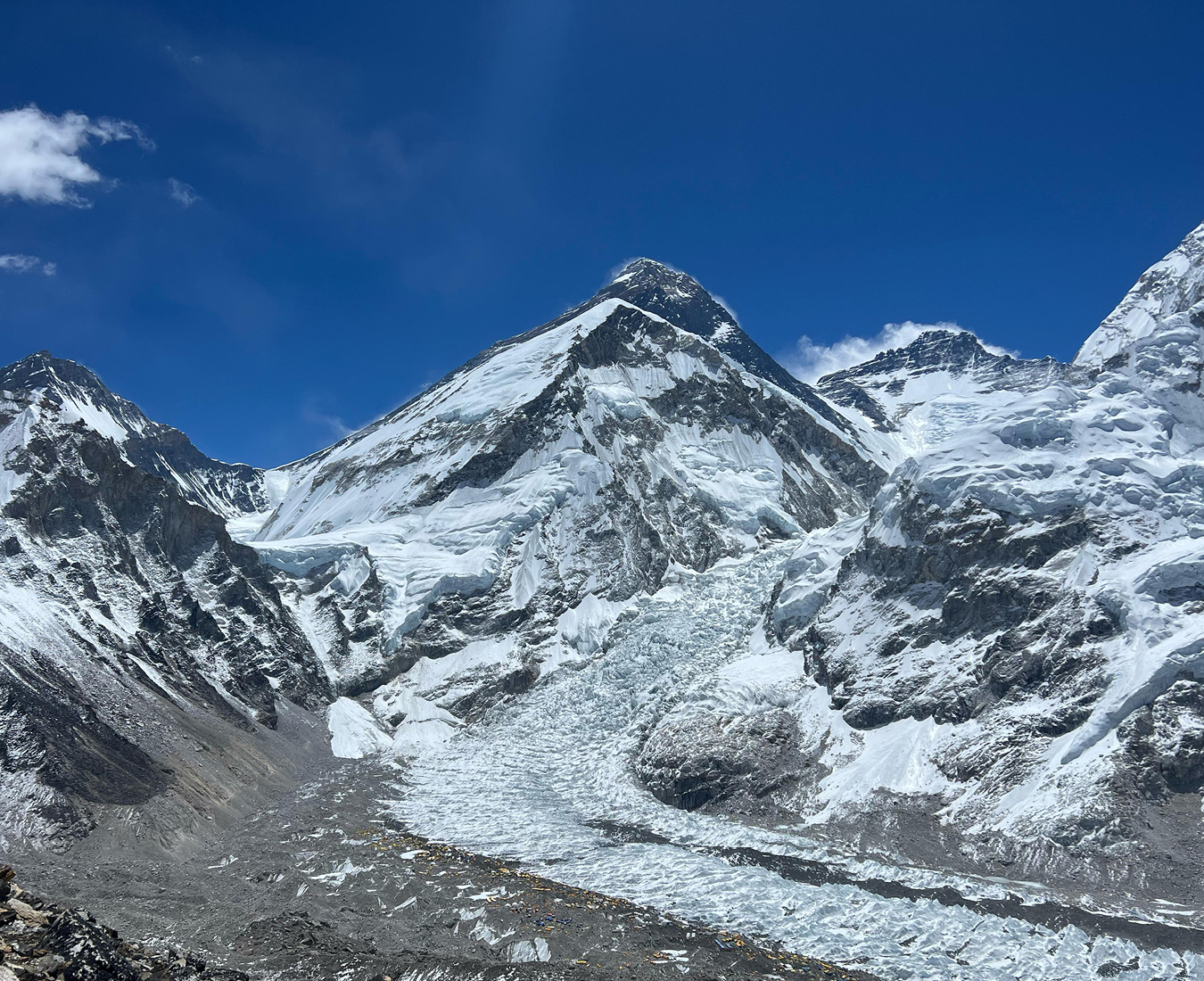 Looking across to Mount Everest, Mount Lhotse and the Khumbu Glacier with Everest Base Camp below.