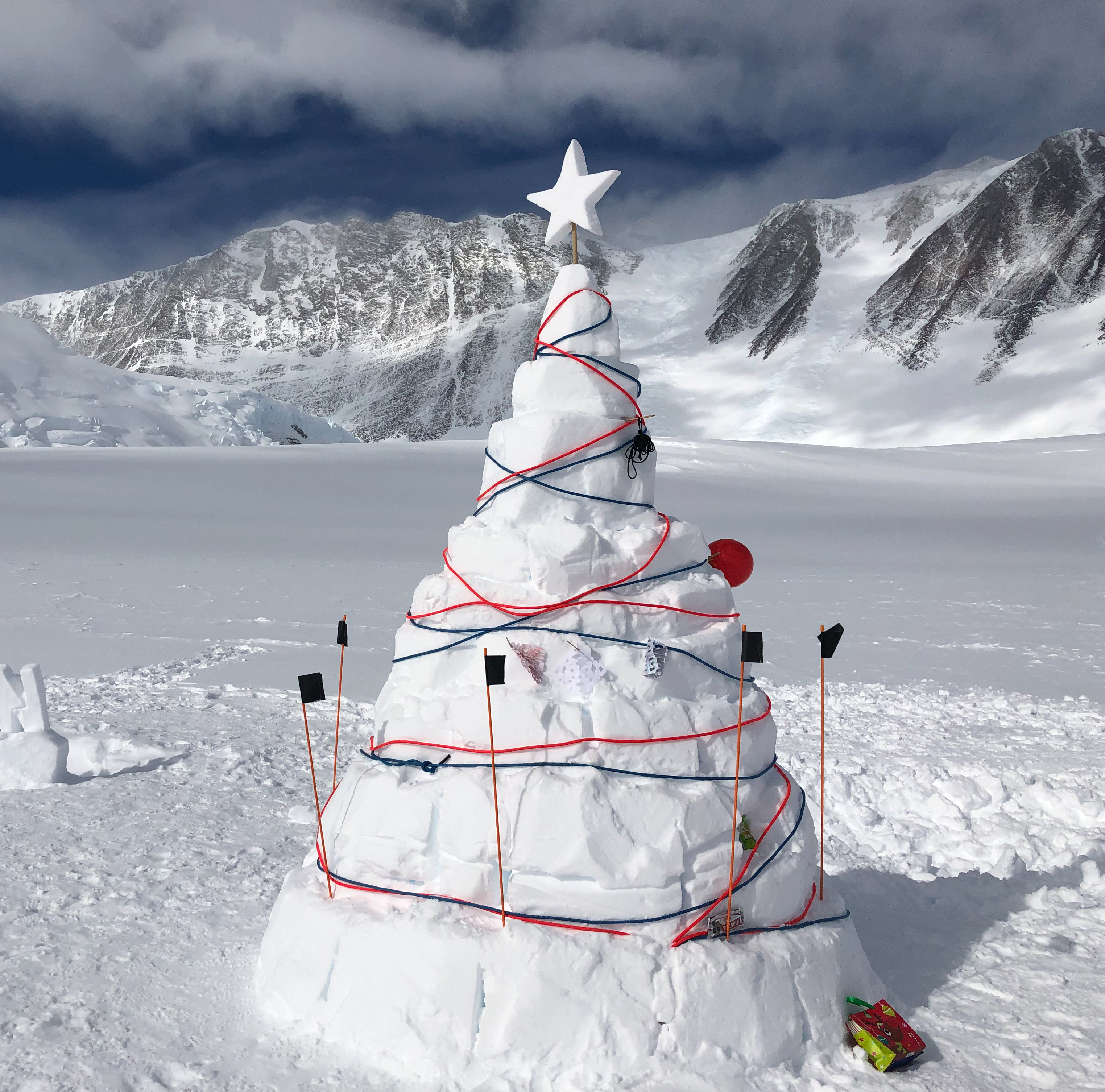 A festive snow christmas tree at Mount Vinson Base Camp.