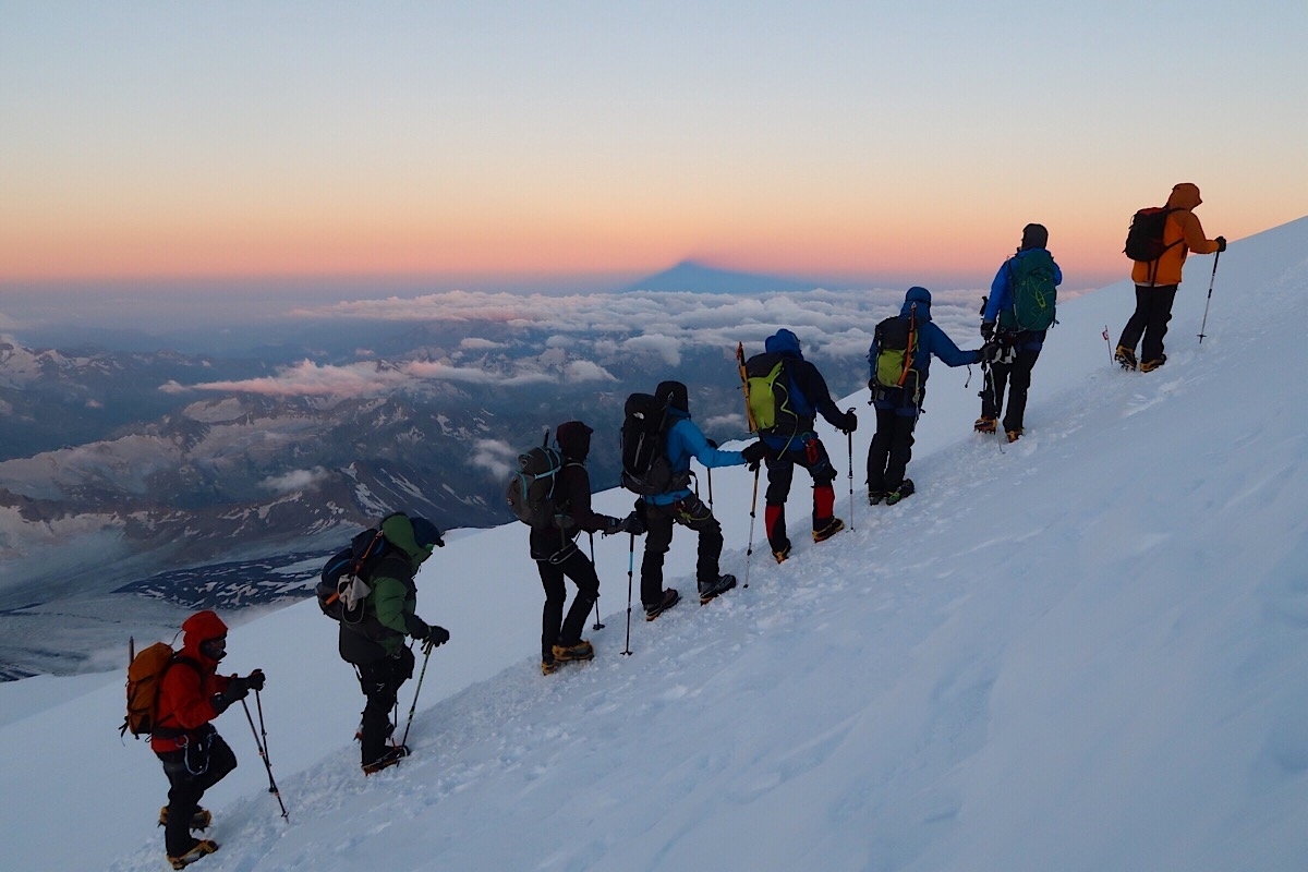 Climbers on Elbrus in early morning