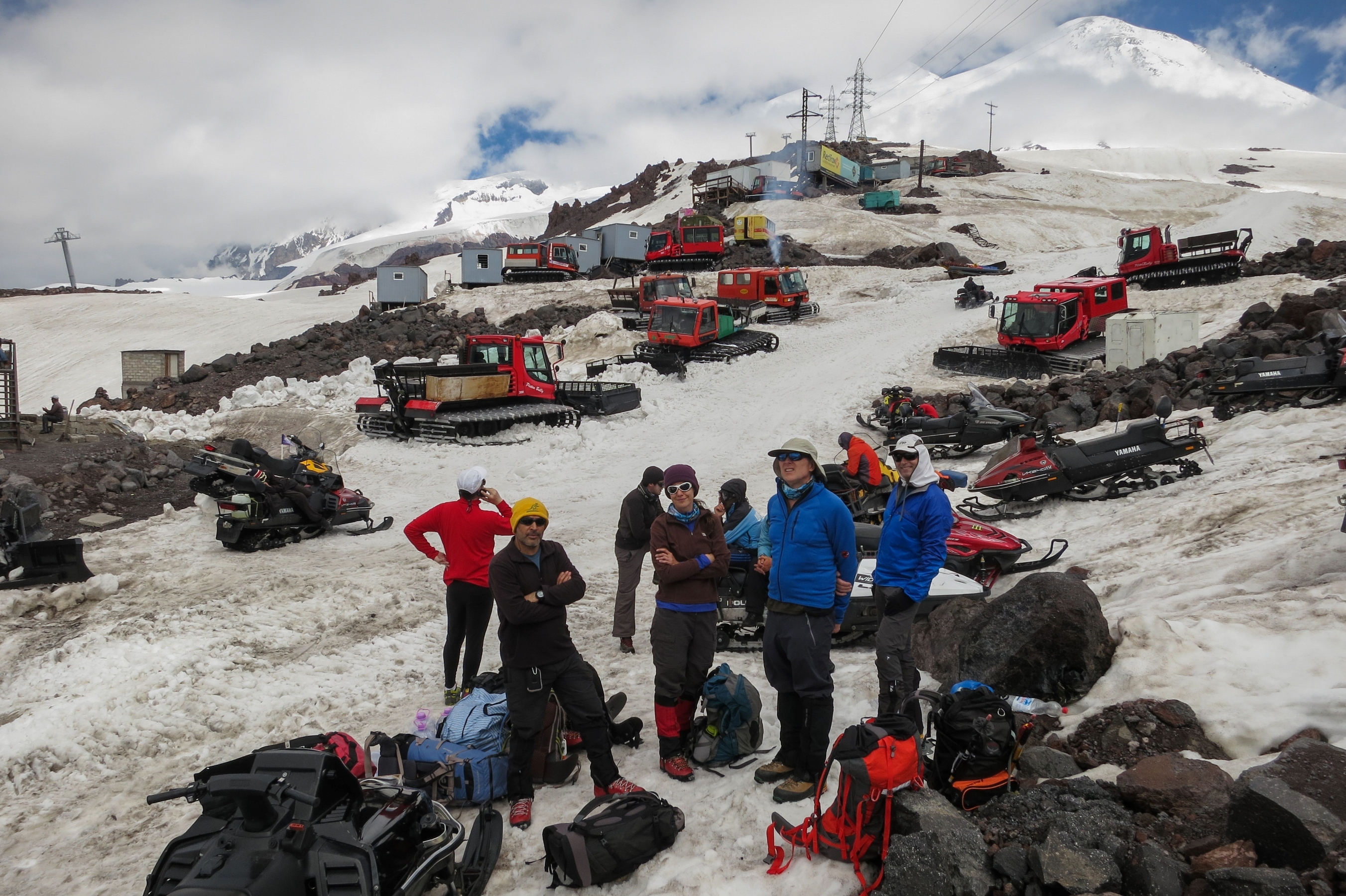 Climbers and snow cats on Elbrus